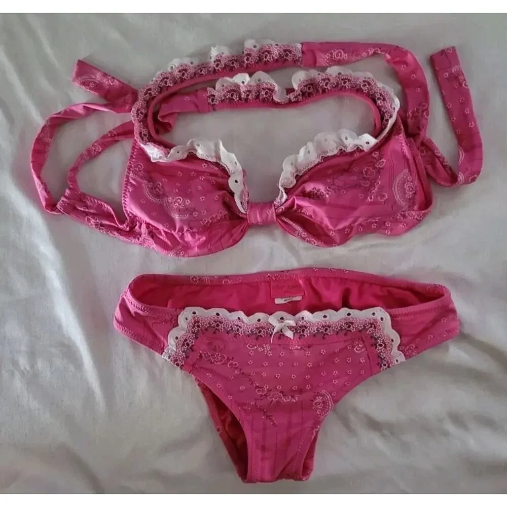 VINTAGE BESTSEY JOHNSON PINK RUFFLE CUPCAKE COWBOY BIKINI! X TOP (S) & (M) BOTTM